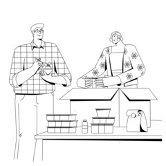 A couple are unpacking a box of food containers.