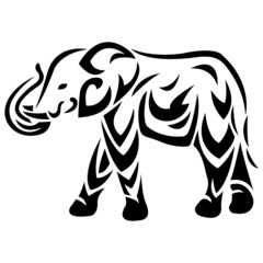 Fototapeta na wymiar The silhouette, the outline of an elephant with a raised trunk in black on a white background is drawn with lines of different widths. Animal elephant logo. Vector isolated illustration