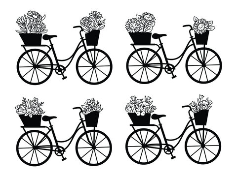 Set of bicycles with a flower basket. Collection of bike with floral bouquets. Vector illustration isolated on white background. Design for t-shirts.