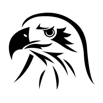 The silhouette of the muzzle of an eagle is black, painted with different lines. Design for a logo, tattoo, mascot, emblem, keychain, paper, postcard, book, print on clothes. Vector isolated