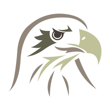 The silhouette of the muzzle of an eagle is brown, painted with different lines. Design for a logo, tattoo, mascot, emblem, keychain, paper, postcard, book, print on clothes. Vector isolated