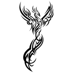 Fototapeta na wymiar Bird silhouette - Firebird painted black drawn with different lines.Design for Phoenix bird logo, tattoo, mascot, symbol, emblem, keychain, print on clothes. Vector isolated illustration