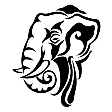 The silhouette, contour of the muzzle of an elephant with a twisted trunk in black on a white background is drawn with lines of different widths. Animal elephant logo. Vector isolated illustration