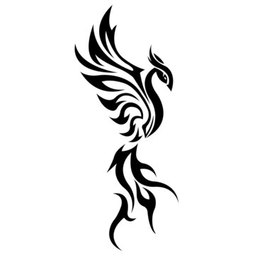 Bird silhouette - Firebird painted black drawn with different lines.Design for Phoenix bird logo, tattoo, mascot, symbol, emblem, keychain, print on clothes. Vector isolated illustration