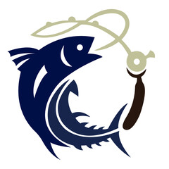 Logo for the design of a fish with a fishing rod on a hook. Contour, silhouette of a fish with a fishing rod, drawn in blue on a white background with lines of different widths. Vector isolated