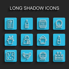 Set line Beer bubbles, helmet, menu, Wooden barrel on rack, Pack of beer bottles, Happy man with, Plastic and Ice bucket icon. Vector