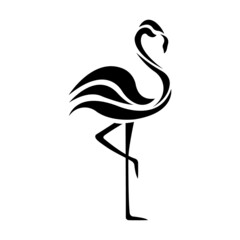 The silhouette of a black flamingo bird is drawn on a white isolated background. Tattoo, creative logo for the company, travel agency, emblem for the design of clothes, dishes, scrapbook, paper.Vector - obrazy, fototapety, plakaty