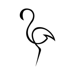 Black silhouette of a flamingo bird, drawn on a white isolated background. Minimalism style. Tattoo, logo for a company, travel agency, emblem for fashion design, dishes, scrapbook, paper. Vector