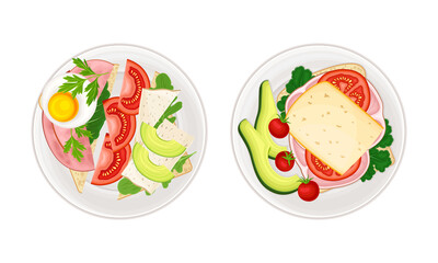 Breakfast meal dishes set. Fried egg, vegetables, ham and cheese served on plates vector illustration