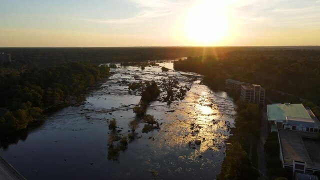 James River at Golden Hour in Richmond, Virginia (USA) | Aerial View Panning Up | Fall 2021