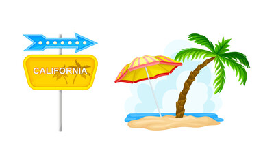 Tropical summer beach objects set. Palm tree and wooden pointer vector illustration