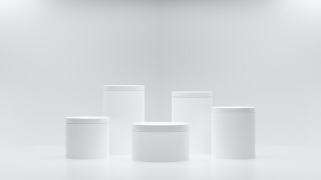 White 3d rendering or mockup cylinder podium for branding, packaging and cosmetic product presentation. Minimal geometric shapes. Stage showcase on pedestal 3d white studio premium background