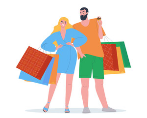 Beautiful couple with a bunch of packages. Valentine's Day celebration. Big purchases honor the holiday. Flat vector illustration.