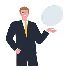 Business man in a suit. Businessman offers. Place for text.  Vector flat illustration