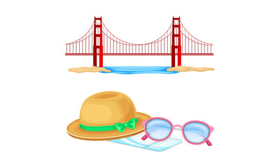 Summer holiday symbols set. Bridge, sunglasses and straw hat vector illustration