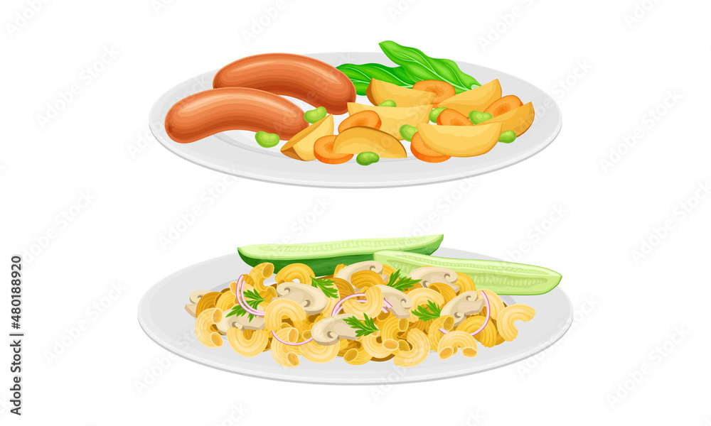 Canvas Prints Nutritious tasty dishes served on plates set. Potato with sausages and pasta with mushrooms cartoon vector illustration