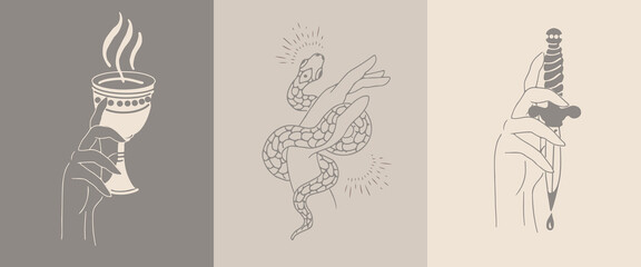 A set of female hand emblems in a minimalistic linear style. Hand gestures holding mystical symbols.