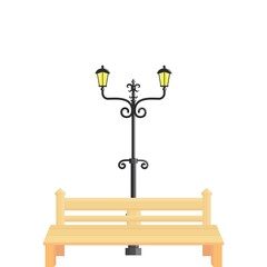 garden wooden chair and garden lamp vector illustration design concept