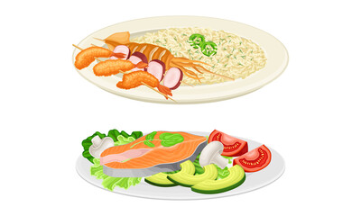 Nutritious tasty dishes served on plates set. Seafood with rice and vegetables cartoon vector illustration