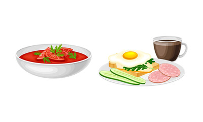 Nutritious tasty dishes served on plates set. Bowl of tomato soup, sandwich with egg, sausage and cup of coffee cartoon vector illustration