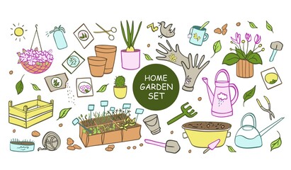 Garden doodle set. Outline vector Illustration, gardening and horticulture. Home Agriculture equipment. Set of garden and flower related doodle illustration such as shovel, watering can. Isolated.