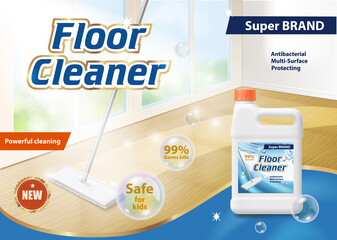 Floor cleaner ads, disinfection and cleaning agent product package, mop and clean shiny floor on 3d realistic concept