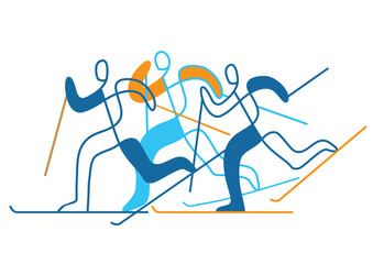 Cross-country skiing, competition.
llustration of nordic skiing competitors on white background. Continuous line drawing design. Vector available.