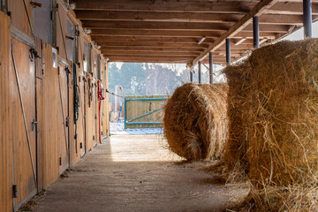 Stable, hay for baled horses. The wooden closed door outside stables in winter.horse breeding