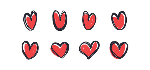 Hand drawn hearts. Heart icon doodle illustrations. Valentine's day sketched symbols.