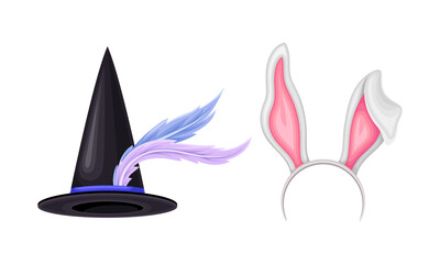 Carnival festive headgears set. Magician wizard hat and rabbit ears headband cartoon vector illustration
