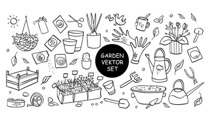 Garden doodle set. Outline vector Illustration, gardening and horticulture. Home Agriculture equipment.  Set of garden and flower related doodle illustration such as shovel, watering can.