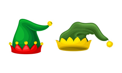 Carnival festive headgears set. Christmas elf caps cartoon vector illustration