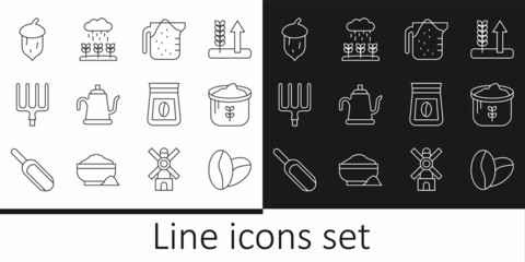 Set line Coffee beans, Bag flour, Measuring cup, Watering can, Garden pitchfork, Acorn, oak nut, seed, coffee and Plant sprouts grow the rain icon. Vector