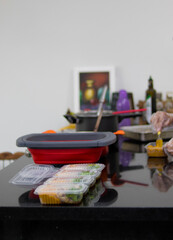 Packed dinner with ham, pumpkin puree and broccoli