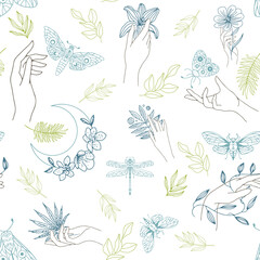 Seamless pattern of plant branches with leaves, palms, butterflies and dragonflies.