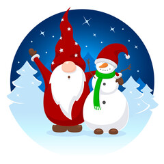 Christmas ball, decoration with a cute gnome who greets and hugs a snowman in a snowy evening forest. Vector illustration