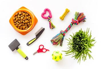 Dog or cat food in bowl with treats and toys, top view