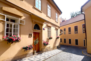 Sporkova street in Mala Strana, an old part of Czech city Prague in late summer.