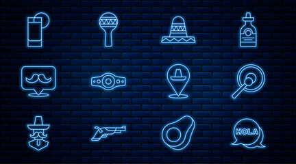 Set line Hola, Gong, Mexican sombrero, Wrestling championship belt, Mustache, Tequila glass with lemon, and Maracas icon. Vector © vector_v