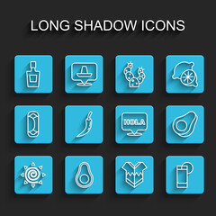 Set line Sun, Avocado fruit, Tequila bottle, Poncho, glass with lemon, Hot chili pepper pod, and Hola icon. Vector © vector_v