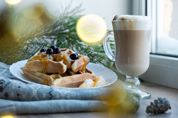 winter good breakfast in the morning Viennese waffles coffee cappuccino