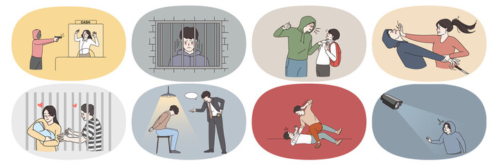 Set of criminal or bandit imprisoned for misdemeanor or crime. Collection of man burglar or thief arrested in jail or prison. Convict detention for violence and abuse. Flat vector illustration.  - obrazy, fototapety, plakaty