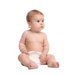 Cute little baby in diaper sitting on white background
