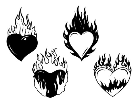 Set of burning hearts. Collection of flaming heart  for Valentine's day. A symbol of passion and love. Tattoo. Vector illustration isolated on white background.