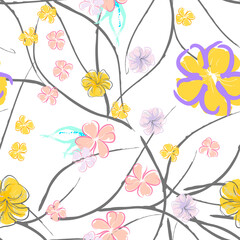 Pink Flowers Blooming Pattern. Pastel Watercolor.