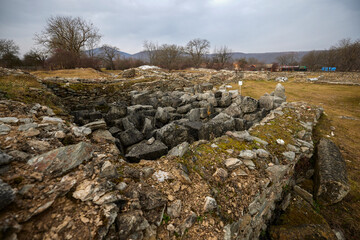 Hunedoara, Romania, January 08-2022. The ruins of the fortress Ulpia Traiana Sarmizegetusa, the Roman fortress of the years. 108-110.