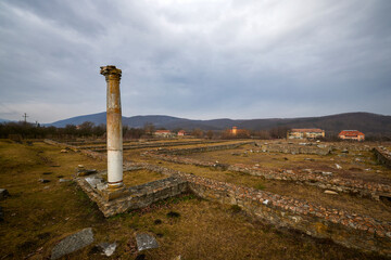 Hunedoara, Romania, January 08-2022. The ruins of the fortress Ulpia Traiana Sarmizegetusa, the Roman fortress of the years. 108-110.