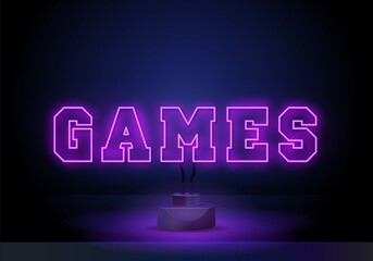 Neon text Games lettering. Neon sign on dark background. Videogame, online game, hobby. Game concept. For topics like entertainment, leisure, nightlife