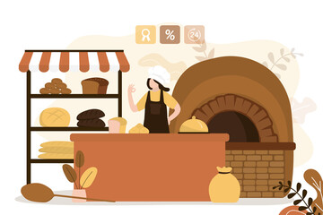 Girl works as salesman in bakery. Store has large selection of different breads. Fresh baked goods on counter