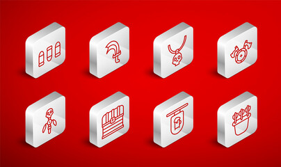 Set line Quiver with arrows, Sword for game, Necklace amulet, Medieval shield axe, Street signboard Bar, Bullet, Chest and Magic staff icon. Vector